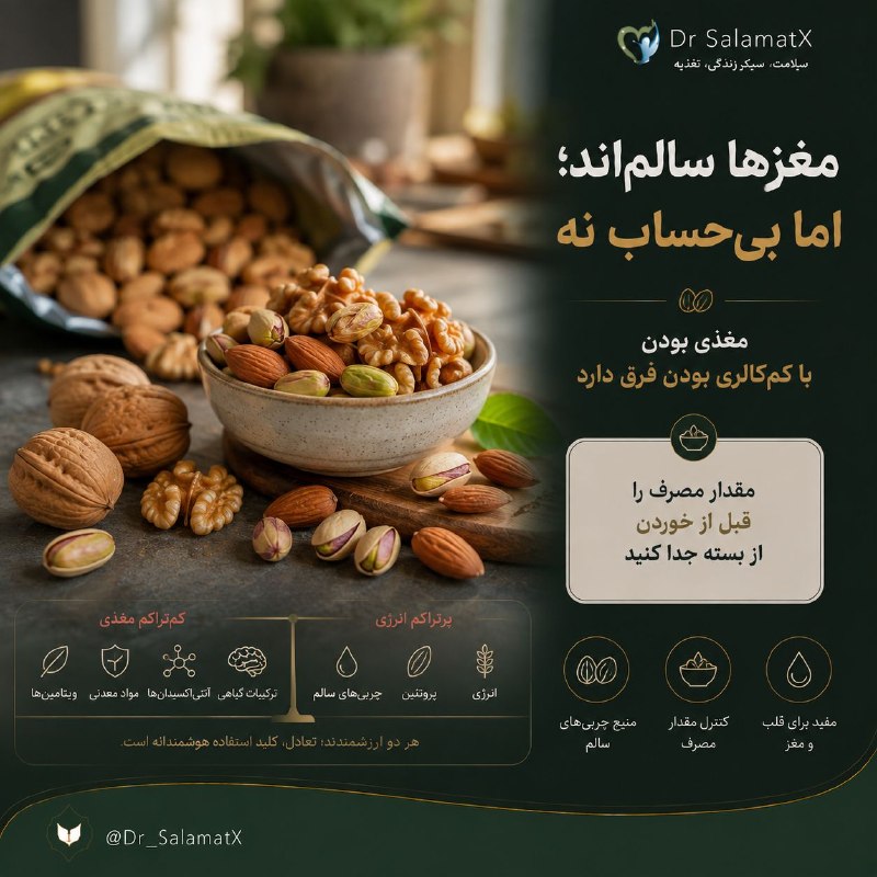 🍎 رسانه دکتر سلامت 🍏: 🥜 مغزها سالم‌اند؛ اما یک مشت می‌تواند خیلی متفاوت باشد💛 مغزها منبع چربی‌های غیراشباع، فیبر و برخی مواد مغذی هستند؛ اما ا