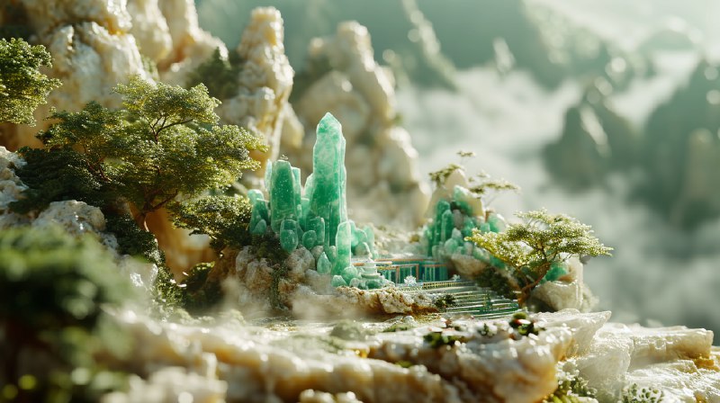 🧪Midjourney V6 每天都能给我新惊喜，一个玉石雕刻的国风场景，由于细节很丰富，看起来真的像工艺品