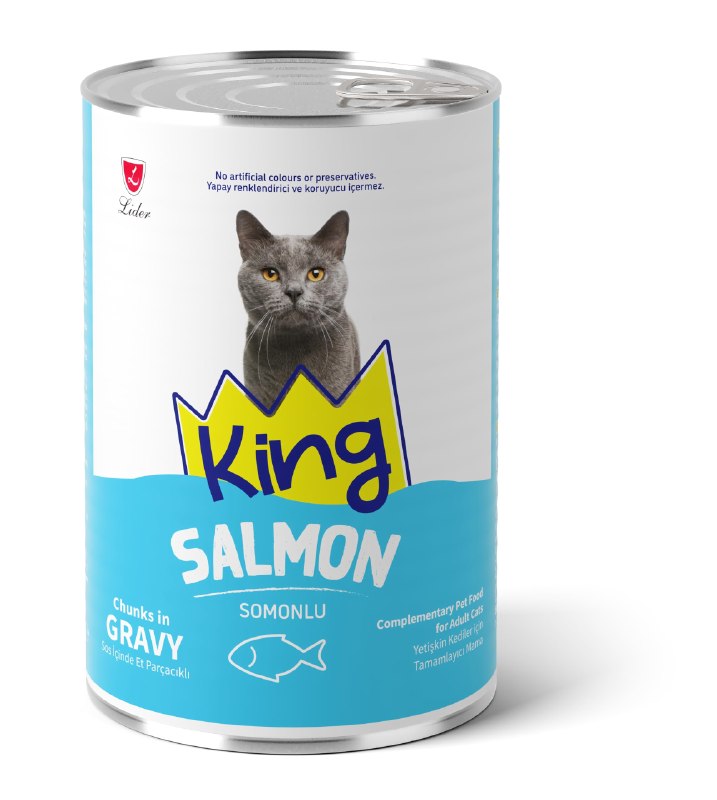 King Sos İçinde Et Parçacıklı Somonlu Yetişkin Kedi Konserve Maması 400g
