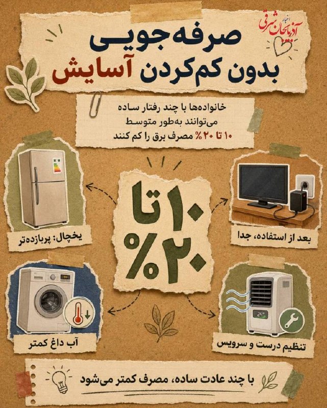 اخبار آذربایجان شرقی: ♦️گاهی فقط با چند عادت ساده مثل استفاده از وسایل پربازده، جداکردن وسایل از برق بعد از استفاده، شستوشو با آب کمگرمتر و