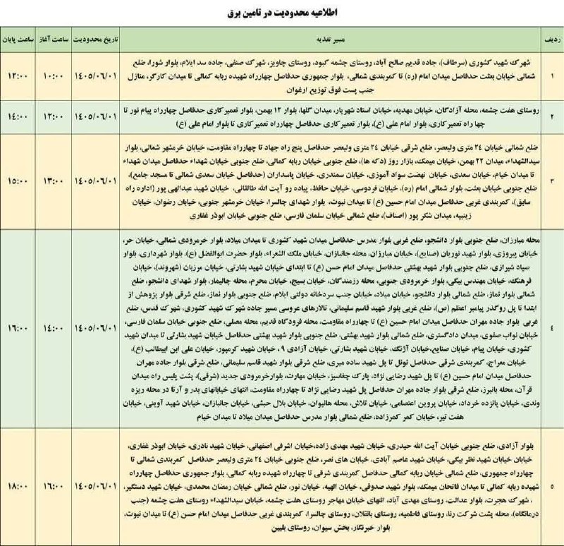 تابناک ایلام |TABNAK: 🔺اطلاعیه به اطلاع مردم شریف شهرستان ایلام می رساند در راستای مدیریت بار مناطق یاد شده در تاریخ ۱ شهریور سال جاری با محدو