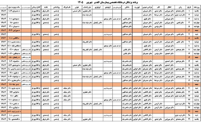 کانال خبری شریف ابهر: #بیمارستان ☯️ برنامه زمانبندی حضور پزشکان متخصص در کلینیک تخصصی بیمارستان الغدیر در شهریورماه ۱۴۰۵🔗 به کانال رسمی مدافعا