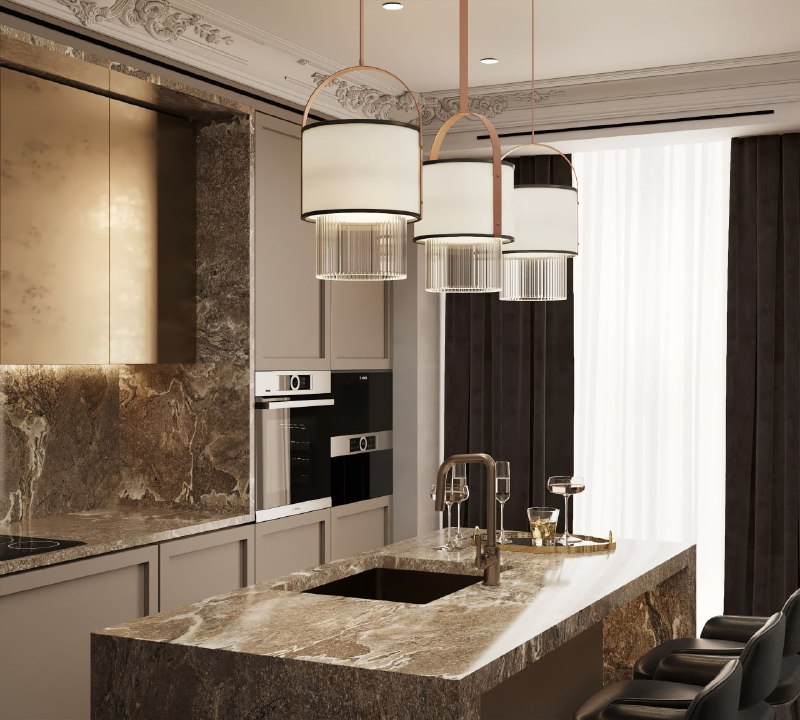 Дизайн интерьера кухни, коттеджный посёлок Довиль, дом 480 м2 Представьте кухню, где каждая деталь создаёт атмосферу утончённого комфорта и безупре... - изображение 2 - интерьера, довиль, создаёт