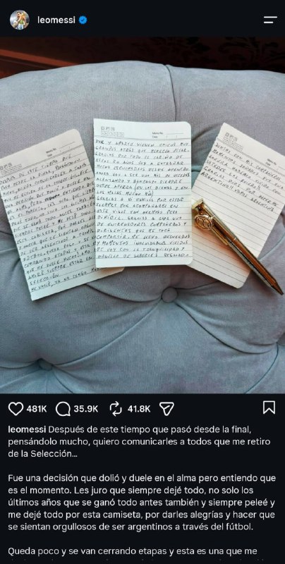 حوادث روز: 📸مسی با انتشار پستی از بازیهای ملی و تیم ملی آرژانتین خداحافظی کردپیام خداحافظی لیونل مسی:🔹تمام این مدت از زمان فینال گ
