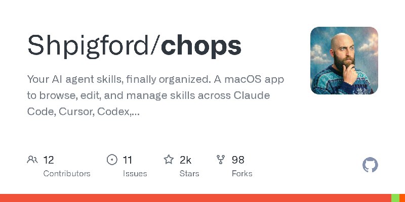 GitHub - Shpigford/chops: Your AI agent skills, finally organized. A macOS app to browse, edit, and manage skills across Claude…