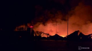 Sumy regional authorities released footage of a fire at a shopping center destroyed in a Russian attack.