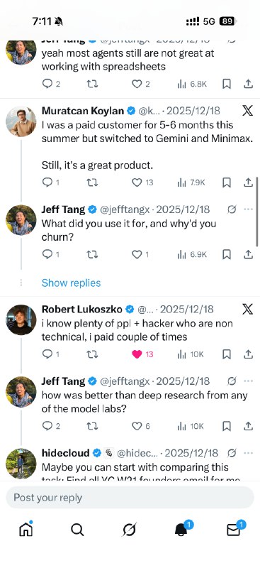 最近有位推友 Jeff 在推上问：谁在为 Manus 付费？在我们自己还没关注到这条推时，就有好多的 Manus 用户去下面发布自己的使用场景，一条条读过去，非常感动