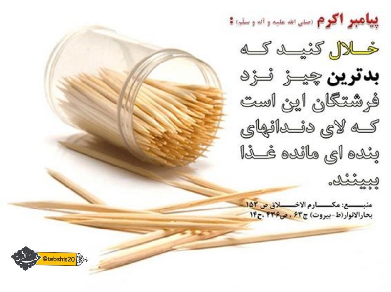 🍀 طب ائمه (درمانگاه سنتی)☘️: ✍پیامبر اکرم(ص):❤️خلال کنید که بدترین چیز نزد فرشتگان این است که لای دندانهای بنده ای مانده غذا ببینند.📚مکارم الاخلاق ص