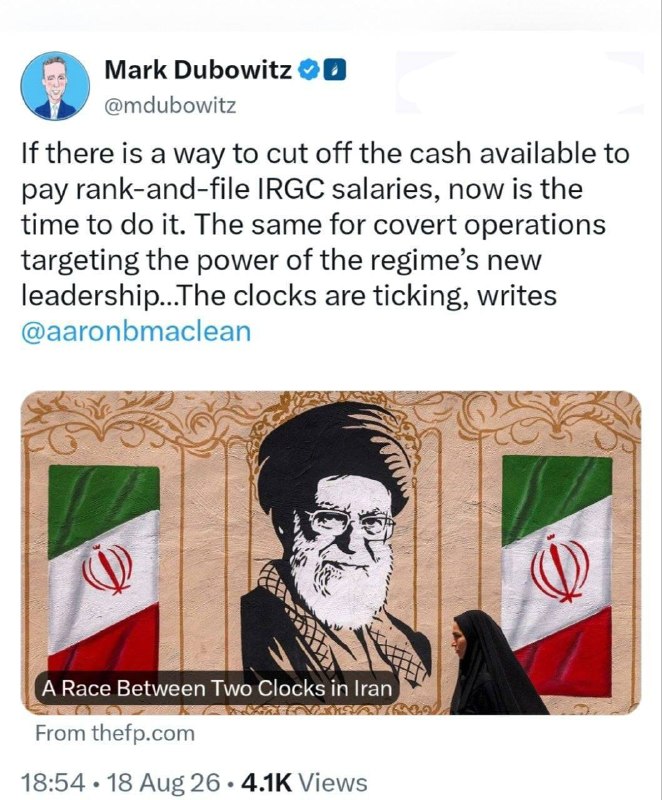 کمپین بازگشت شاهزاده: مارک دوبوویتز تحلیلگر مشهور آمریکایی:«اگر راهی برای قطع دسترسی [رژیم ایران] به نقدینگی جهت پرداخت حقوق نیروهای رده‌پایین