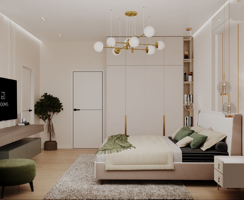 На втором этаже проекта домвсочи спальня 17,4 с собственной ванной 5,4 кв.м. Мягкая бежево пастельная палитра, глубокие зелёные акценты и латунные ... - изображение 2 - проекта, telegram, view