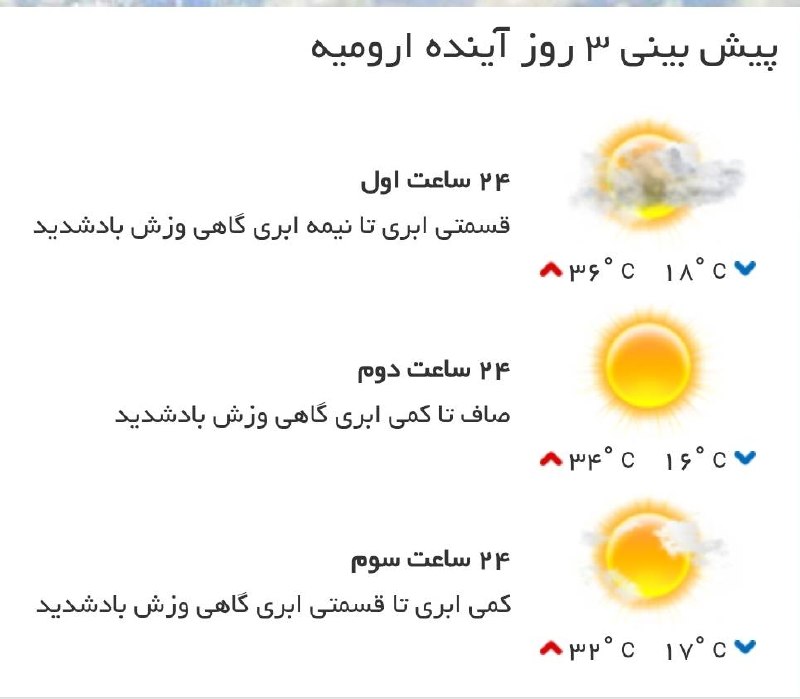اخبار آذربایجان غربی: ♦️پیش‌بینی وضع آب و هوای سه روز آینده مرکز استان‌🔹۲۴ ساعت اول (۱۴۰۵/۰۶/۰۴)🔹 ۲۴ ساعت دوم (۱۴۰۵/۰۶/۰۵)🔹 ۲۴ ساعت سوم (۱۴۰۵/