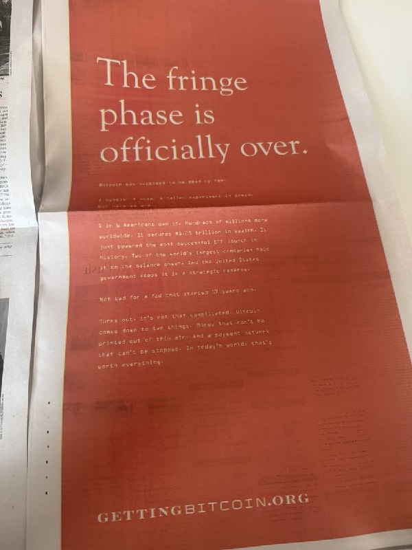 The Crypto Ledger: JUST IN: 🟠 The Wall Street Journal ran a full-page Bitcoin ad today — a clear signal of mainstream embrace. “The fringe