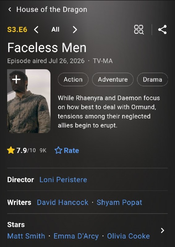 Middle-Earth | ارباب حلقهها: عنوان قسمت ششم فصل سوم سریال «خاندان اژدها» با نام Faceless Men «مردان بی چهره» اعلام شد.این قسمت به کارگردانیLoni Peris