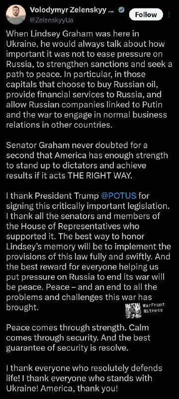 ️🇺🇦🇷🇺🇺🇸 נשיא אוקראינה וולודומיר זלנסקי הודה לנשיא ארה"ב טראמפ על החתימה על החקיקה, שיבח את הסנטורים וחברי בית הנבחרים שתמכו בה, וקרא ליישומו המהיר והמלא, ואמר כי שלום וביטחון יבואו בעקבות כל הלחץ המתמשך על רוסיה, והודו: