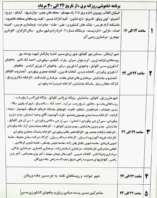 مجله خبری شهر زرنق: برنامه قطعی برق شهرستان هریس شهر زرنق از ساعت ۱۰ شب تا ۱۲ شب
