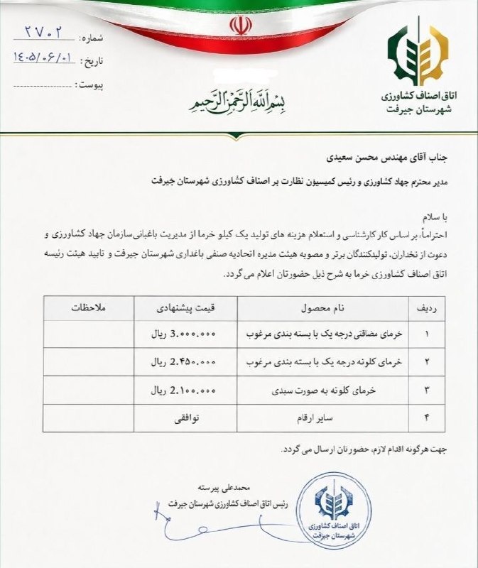 کانال خبری کنارصندل: ⭕️ تصویر نامه ای که اتاق اصناف کشاورزی جیرفت، نرخ خرما در شهرستان را به جهاد کشاورزی پیشنهاد داده است.پ.ن: اول اینکه خیل