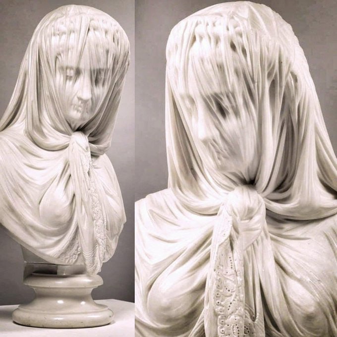 "The Veiled Woman" sculpted in 1869 by Italian artist Giovanni Battista Lombardi.