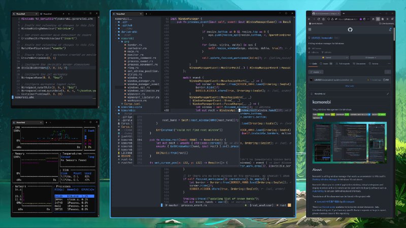 🆔  软件名称：komorebi⭐️  软件功能：平铺窗口管理器➡️  支持平台：#Windows📁  软件简介：一款平铺窗口管理器，通过命令行界面控制应用程序窗口、虚拟工作空间和显示器