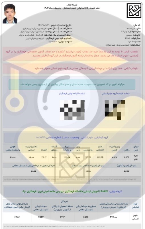 مشاوره کنکور | فرهنگ یار: ⭐️ قبولی های فرهنگیان ۱۴۰۴👨👩👦 دانش آموز: امیرمحمد ولیزاده🙌 استفاده از خدمات تیم⛔ بجز محتوای کانال #️⃣ هشتگ ها : 🟠#قبول