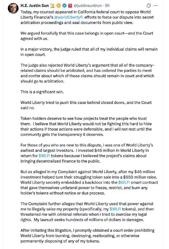 The Crypto Ledger: 🚨 Justin Sun sues World Liberty Financial ($WLFI). A California judge ruled his claims will proceed in public court, rej