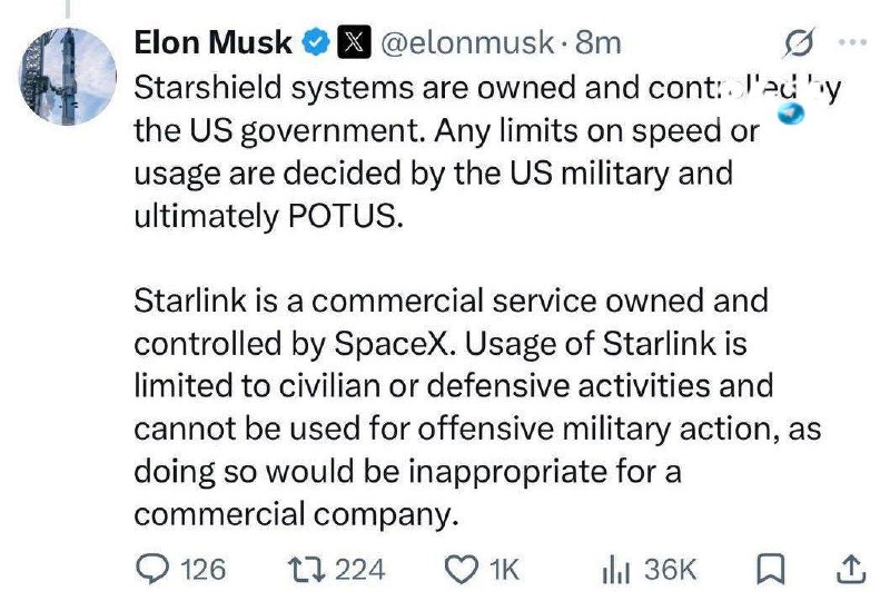 🇮🇱 Musk stated that he did not limit the operation of Starlink. According to him, the Starshield systems belong to the United States government, and all restrictions on their use are set by the American military and ultimately by the President of the United States.