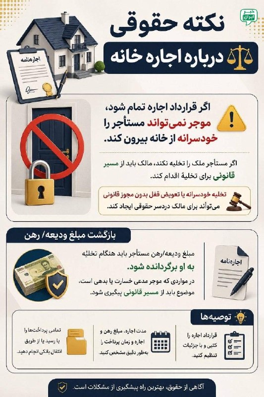 خبر اصفهان: اگر قرارداد اجاره تمام شود موجر نمی‌تواند مستاجر را خودسرانه از خانه بیرون کند @Isfahan_news24