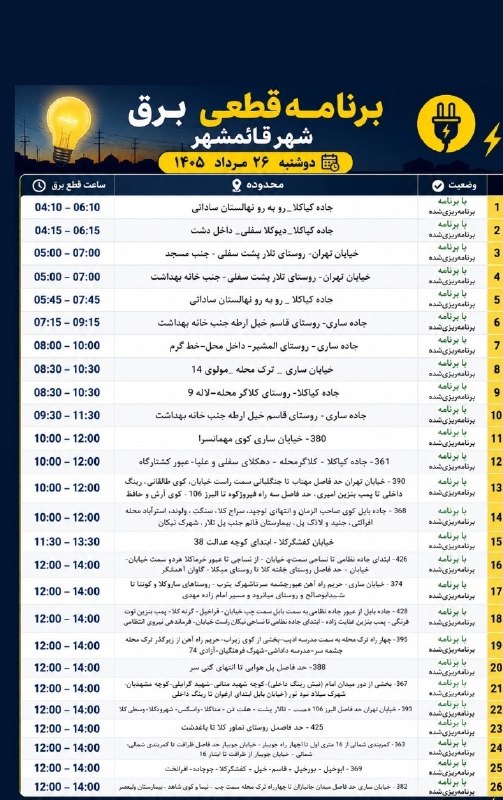 کانال بزرگ قائمشهر: ❌جدول خاموشی برق دوشنبه ۲۶ مردادماه در قائمشهرکانال بزرگ قائمشهر:👇🆔 @join2qaem❌جدول خاموشی برق دوشنبه ۲۶ مردادماه در قائ