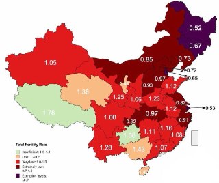 Уровень рождаемости в китайских провинциях. В большинстве регионов это не демографический кризис, а демографический коллапс. Это повлечёт за собой масштабные экономические и геополитические последствия. Особенно впечатляет уровень СКР в самых холодных, сев