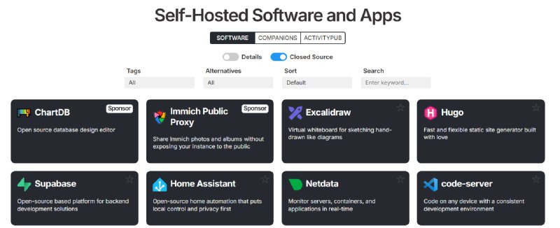 🆔  网站名称：selfh.st⭐  网站功能：自托管软件目录📁  网站简介：一个自托管软件和应用程序的目录，可以通过该平台查找各种类型的自托管应用程序，包括文件管理、项目管理、社交媒体、数据分析等