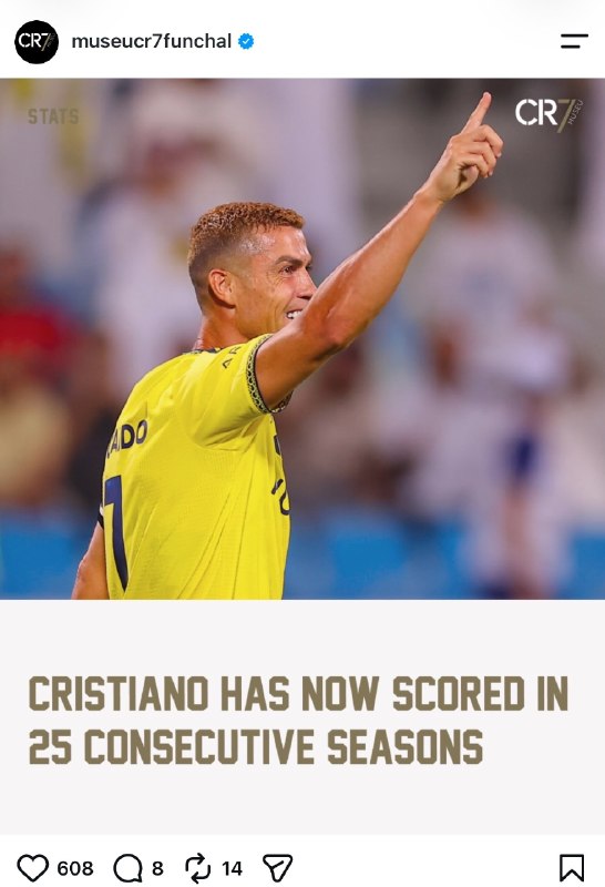 RONALDO IR: 📲حساب موزه اسطوره کریستیانو رونالدو:"گلزنی در ۲۵ فصل متوالی"🔥"این داستان هیچ‌وقت تموم نمی‌شه."