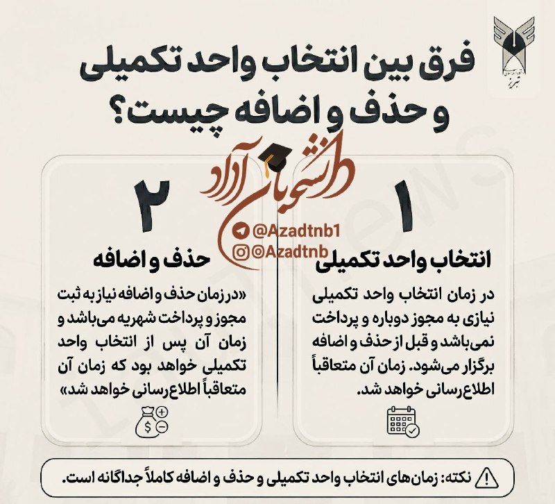 اخبار دانشجویان دانشگاه آزاد: 🔴 فرق بین انتخاب واحد تکمیلی و حذف و اضافه چیست ⁉️زمانبندی انتخاب واحد "تکمیلی" و "حذف اضافه" اطلاع رسانی خواهد شد.🔺اطلا