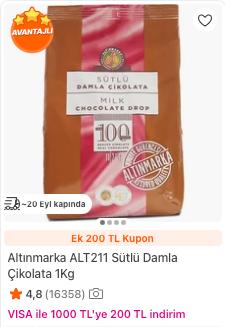 Altınmarka Altınmarka ALT211 Sütlü Damla Çikolata 1Kg🏷️ GIDA200 kodu ile800₺’ye 200 ₺’lik…