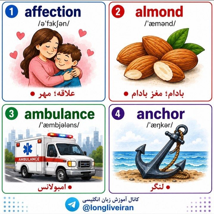 آموزش زبان انگلیسی: P.age.. 4🔷affection/ə'fɜkʃən/🔴علاقه؛ مهر🔷almond /'æmənd/🔴بادام؛ مغز بادام🔷ambulance /'æmbjələns/🔴امبولانس🔷anchor /'æŋkər