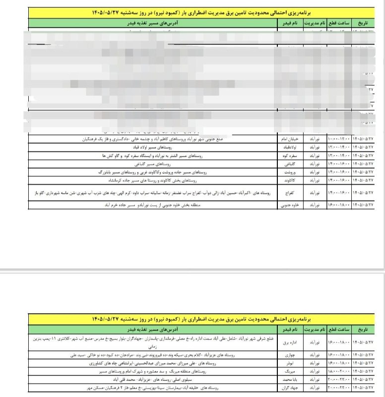 عصر دلفان: برنامه ریزی احتمالی محدودیت تامین برق مدیریت اضطراری بار (کمبود نیرو) در روز سه شنبه شهرستان دلفان ۱۴۰۵/۰۵/۲۷@asredelfan