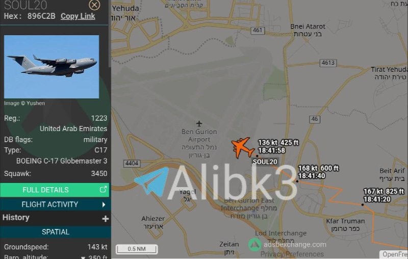 اخبار خبر جنگ ایران اسرائیل: 🇺🇸🇮🇱🇦🇪 یک فروند هواپیمای ترابری از نوع C-17A اماراتی دقایقی پیش در تل‌آویو فرود آمد🔴 @KhabarFuri