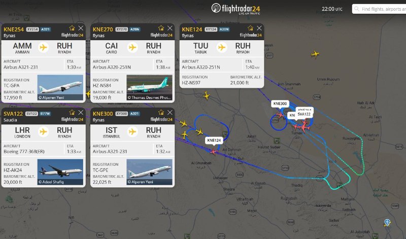 🇸🇦️ - Inbound flights to King Khalid International Airport in Riyadh are rotating in holding patterns for unknown reasons.