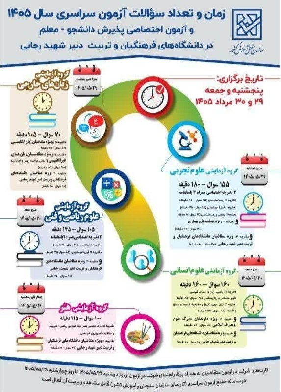 سرایان20: #کنکور📌 زمان و تعداد سوالات آزمون سراسری سال ۱۴۰۵📍تاریخ برگزاری:پنجشنبه و جمعه ۲۹ و ۳۰ مردادماه┄┄┅┅◈🇮🇷◈┅┅┅┄┄🇮🇷روابط عموم