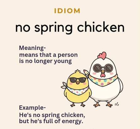 English by photo: #idiom🗣️ #no_spring_chicken❤️🔥بچه دیروز نیست، سنی ازش گذشته🔮Meaning: A person who is no longer young.💎Example: 💥He’s no