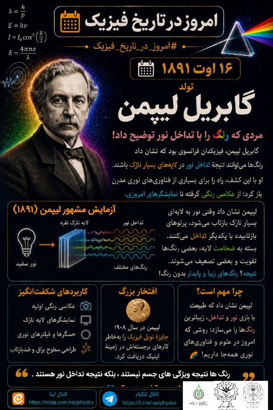 انجمن علمی فیزیک رازی: 🌈🔬 #امروز_در_تاریخ_فیزیک | ۱۶ اوت🎂 تولد مردی که رنگ را با فیزیک ثبت کرد!📅 ۱۶ اوت ۱۸۴۵، گابریل لیپمن (Gabriel Lippmann)،