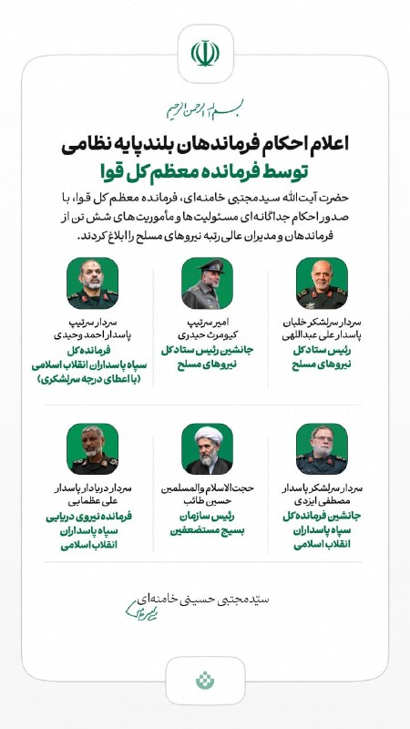 منتظران جوان / رضا صمدی: 📸 احکام فرماندهان بلندپایه نظامی توسط فرمانده معظم کل قوا@Akharinkhabar | akharinkhabar.ir