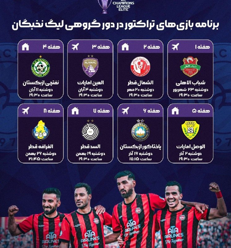 TiracturClub|تیراختور: برنامه بازیهای تیراختور در دور گروهی لیگ نخبگان آسیا🆔 @Tiracturclub