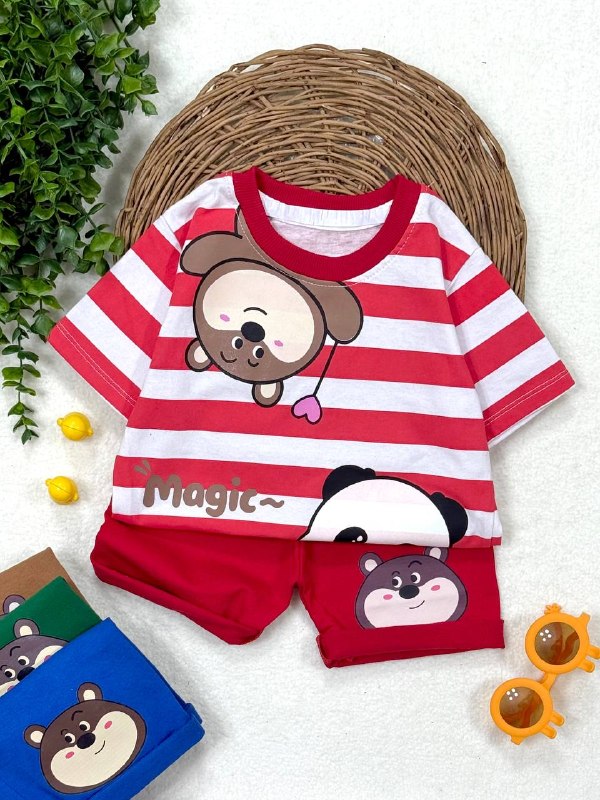 مزون کودک نی نی پلاس: 😍 اگه دنبال یه ست خنک و بامزه برای کوچولوتی، اینو ببین!👕 تیشرت و شلوارک راه راه مجیک‌مناسب دختر و پسر 👧🏻👦🏻رنگ‌بندی: قرمز