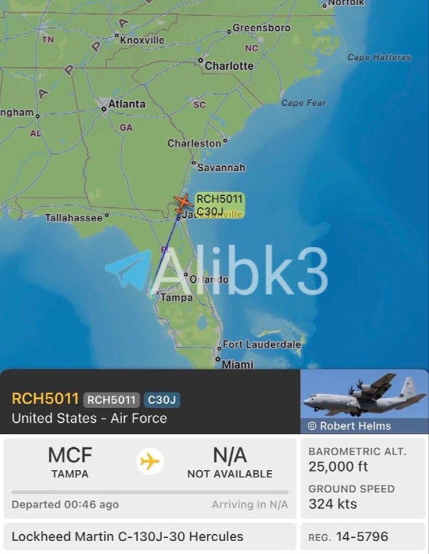 A US C-130J-30 military transport plane took off from MacDill Air Force Base in Florida (US Command Headquarters).