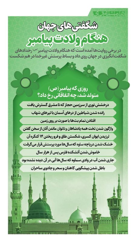 همشهری تویسرکان: 📊روز میلاد پیامبر رحمت(ص)، فقط یک تولد نبود؛ روزی بود که جهان به احترام آخرین فرستاده خدا، شگفتی‌های بزرگی به خود دید. ر