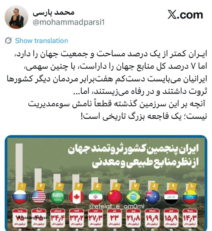 ایران اقتصادی | اخبار مهم: ‏✅ ایـران کمتر از یک درصد مساحت و جمعیت جهان را دارد، اما ۷ درصد کل منابع جهان را داراست، با چنین سهمی، ایرانیان می‌بایس