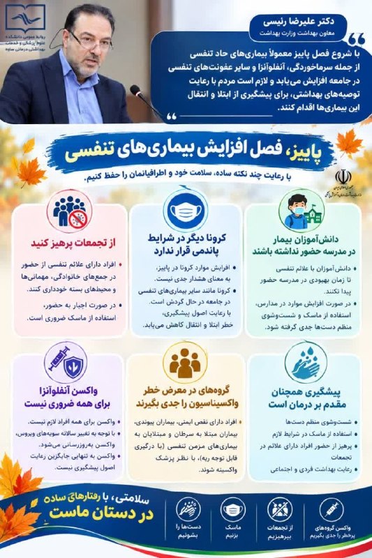 مفدا علوم پزشکی لرستان | Lorestan.Mefda ️: 🍂 پاییز؛ فصل افزایش بیماریهای تنفسی💢توصیههای معاون بهداشت وزارت بهداشت، دکتر علیرضا رئیسی👏🏻دستها را مرتب بشوییم😷 در ش