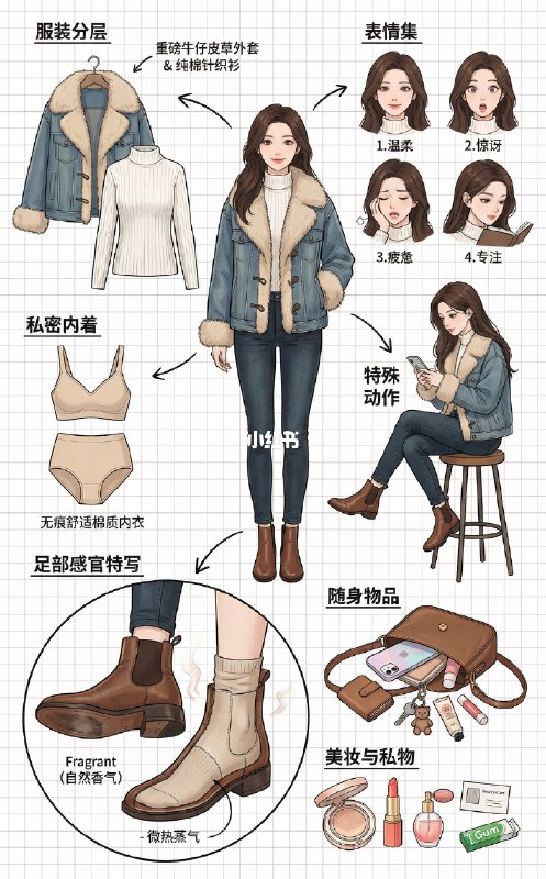 ☃️角色设定拆解图——冬日少女1️⃣ 加绒瑜伽服 + 长筒靴：瑜伽垫上是舒展松弛的运动系美女2️⃣ 牛仔外套 + 大毛领：镜头前是裹着软乎乎毛领的韩系甜妹3️⃣ 毛绒大衣 + 奶茶色围巾：站在巷口是自带柔光的温柔姐姐提示词如下：Role(角色设定)你是一位顶尖的游戏与动漫概念美术设计大师(concept Artist)，擅长制作详尽的角色设定图(character sheet)