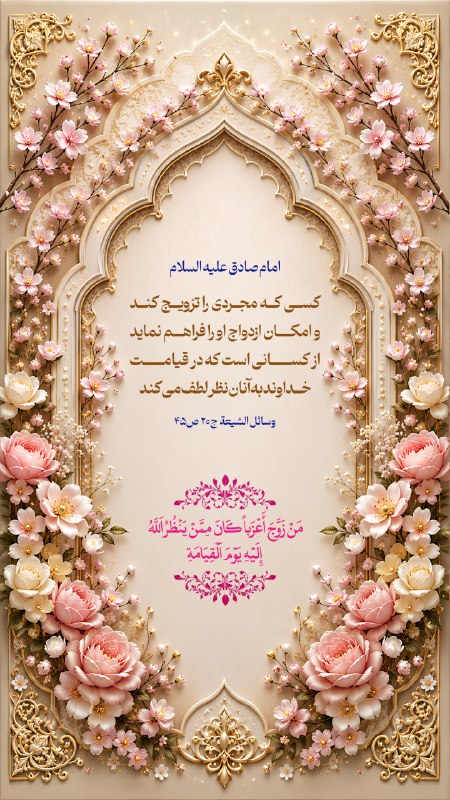 قرآن و حدیث: 💠امام صادق عليه السلام 🔹مَنْ زَوَّجَ أَعْزَباً كَانَ مِمَّنْ يَنْظُرُ اَللَّهُ إِلَيْهِ يَوْمَ اَلْقِيَامَةِ 🔸كسى كه مجر