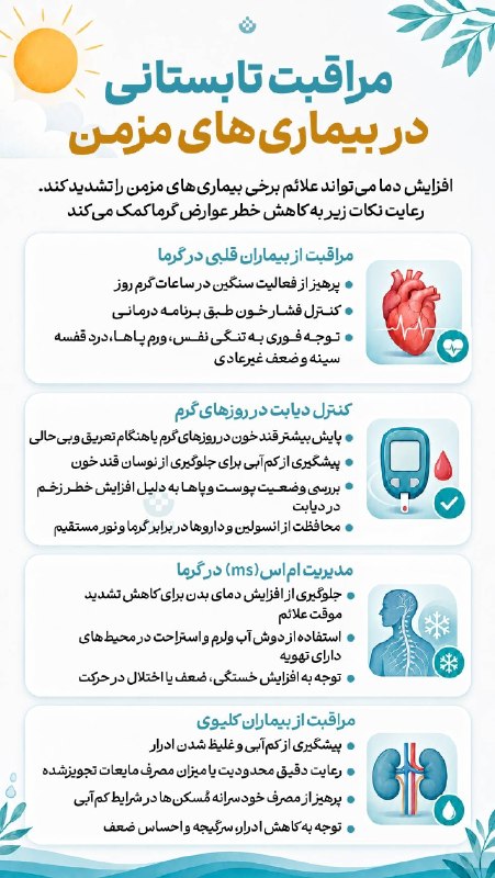 ZamenjanNews: ⚫️ مراقبت تابستانی در بیماری مزمن▪️ افزایش دما میتواند علائم برخی بیماریهای مزمن را تشدید کند. رعایت نکات زیر به کاهش