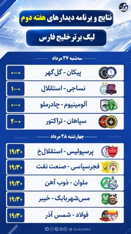 سلام بر زرنه Zarneh ⁃🔕: 🎓 نتایج و برنامه دیدارهای هفته دوم لیگ برتر ➕⭐️ جدول رده بندیvarzesh3.com/football/league/6📞-🔻 @salam_bar_zarneh